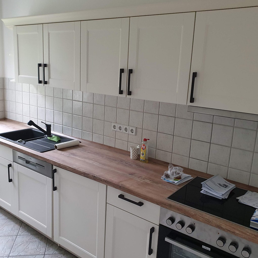 light country kitchen after assembly with wooden worktops