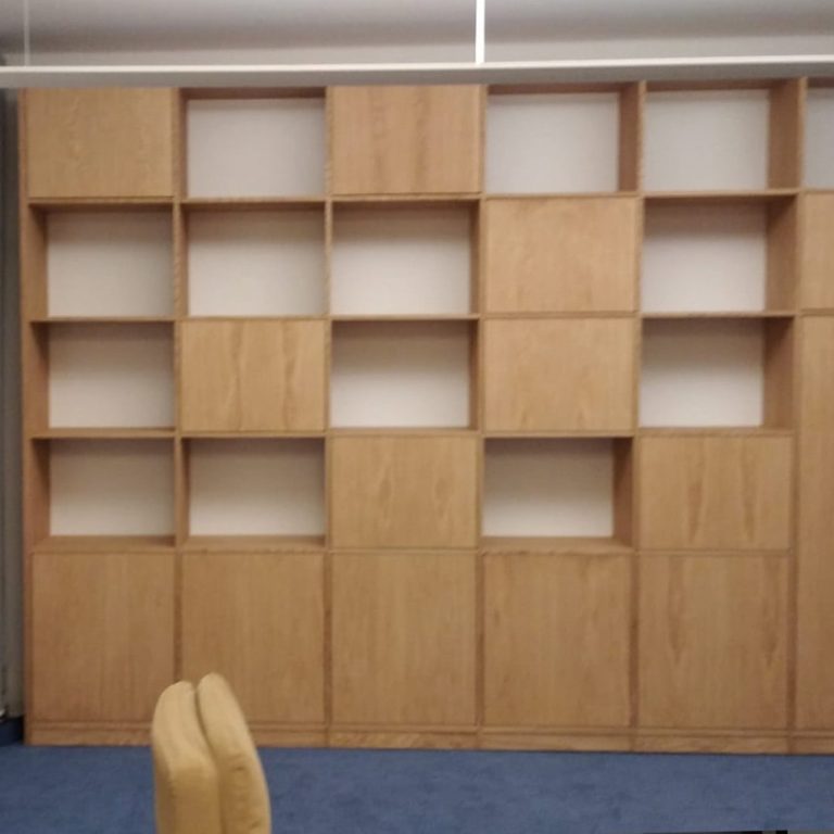 modular wooden wardrobe with open and closed shelves