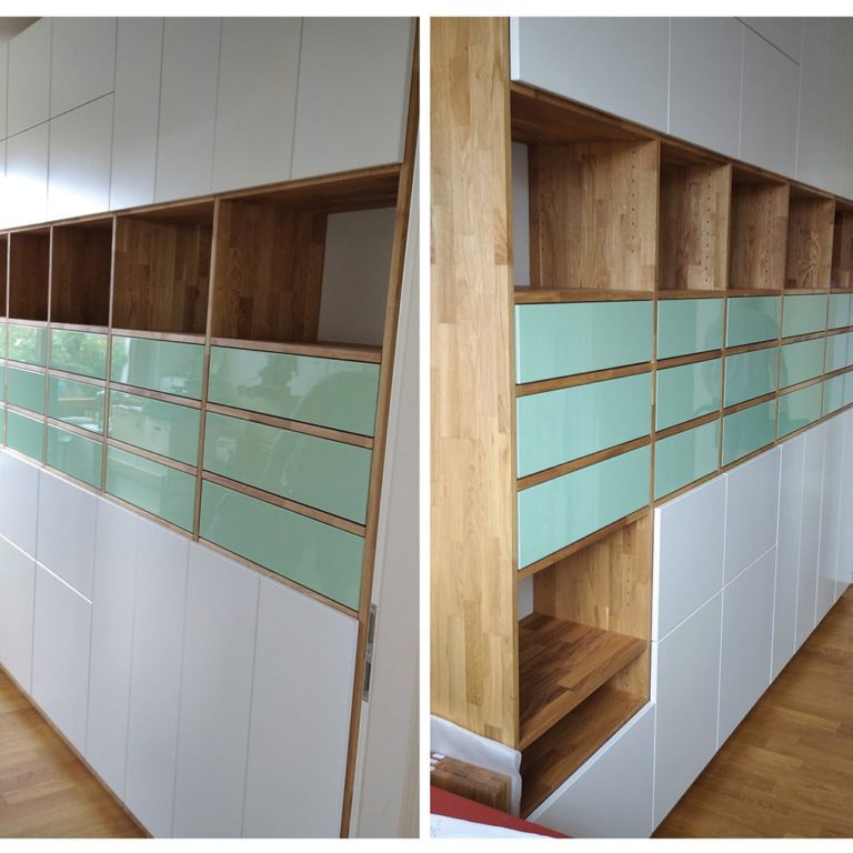 cabinet in two views white wood turquoise fronts